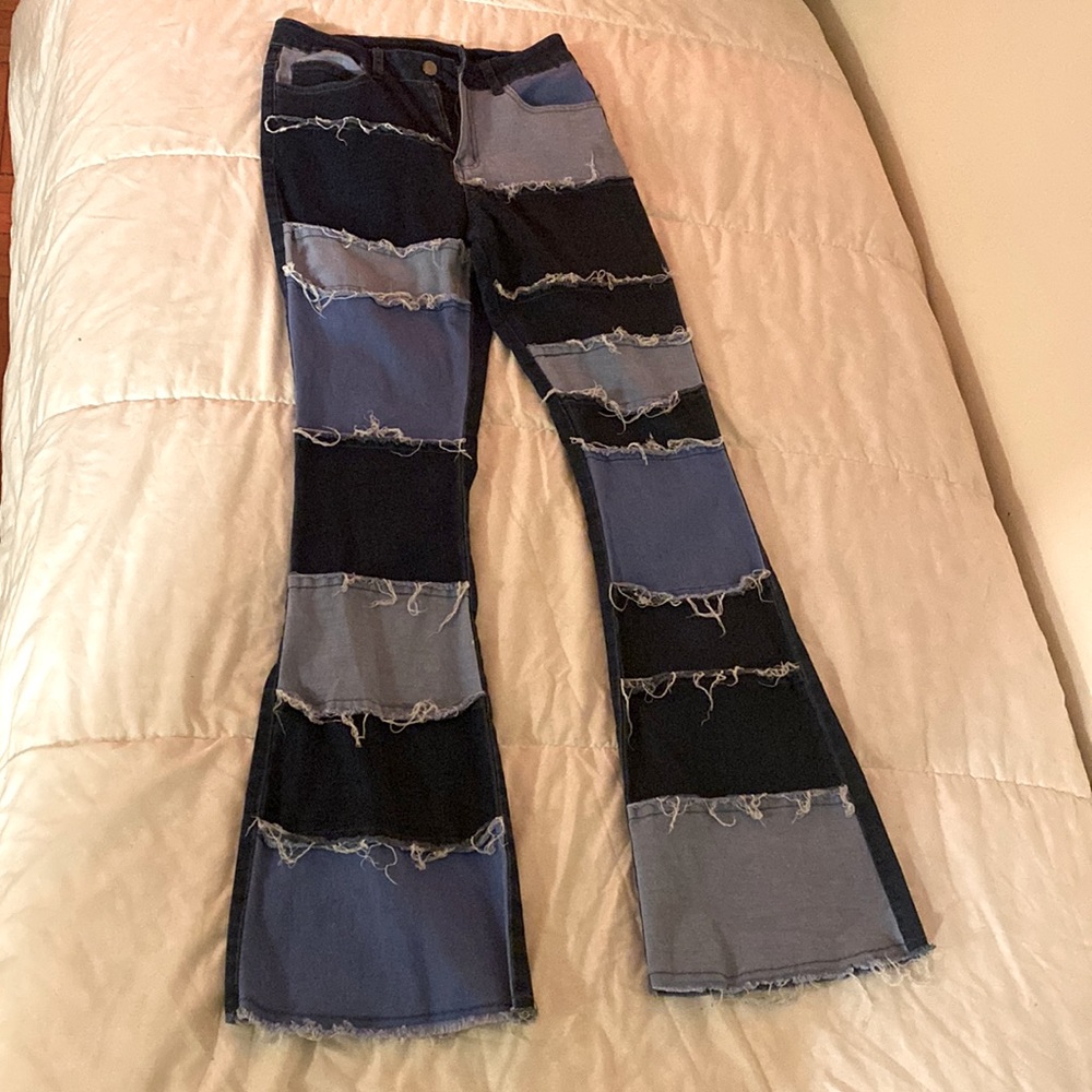 Jeans Patchwork Flared High-Rise Distressed Denim… - image 1